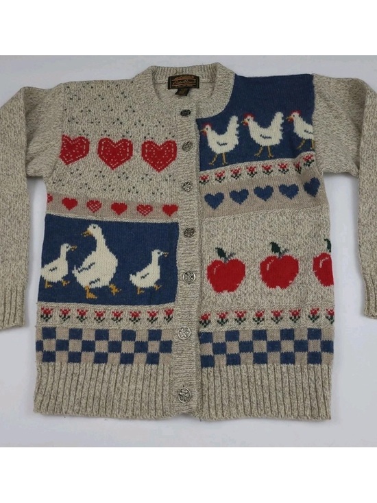 Eddie Bauer Sweaters - Vintage 80s 1989 Eddie Bauer Country Pattern Knit Cardigan Sweater Wool Rare USA